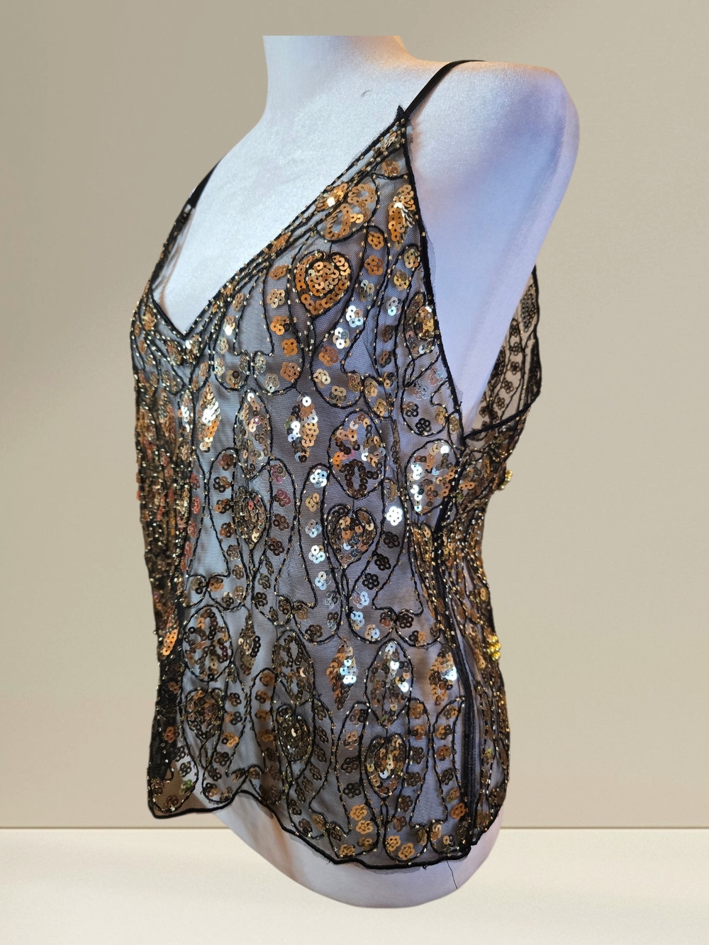 Gold Sequin Embellished Black Mesh Cami Top - Picture 3 of 4
